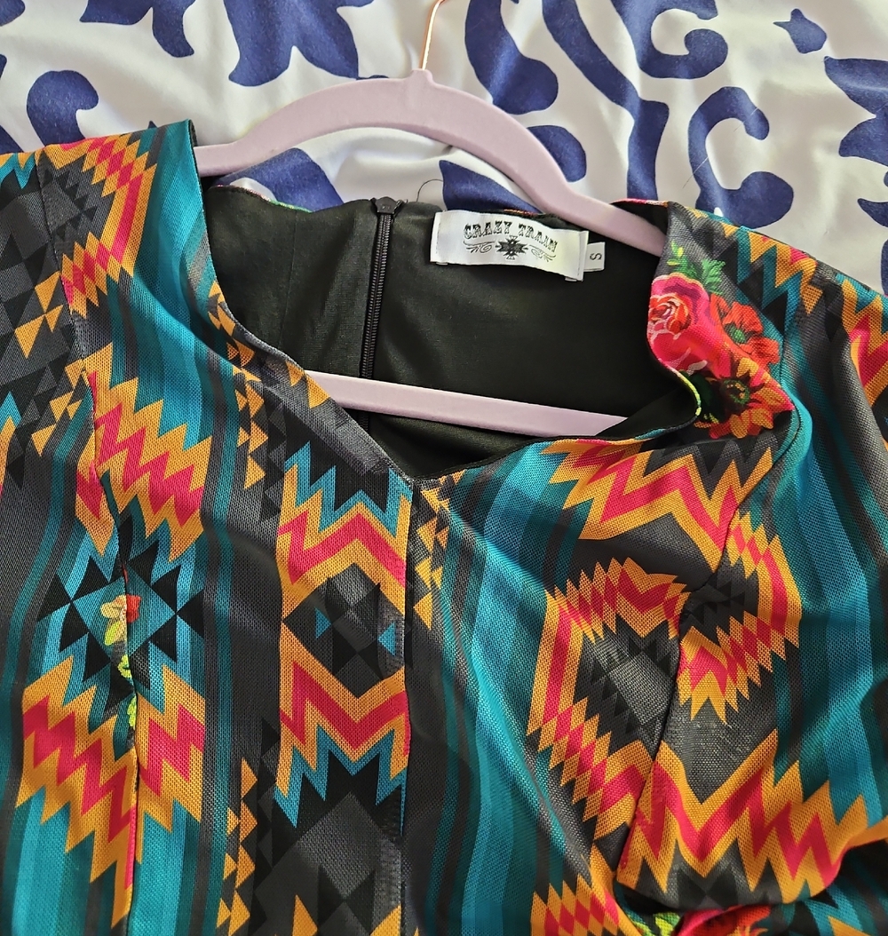 Crazy Train Teal, Yellow & Fuchsia Geometric Shift Western Dress